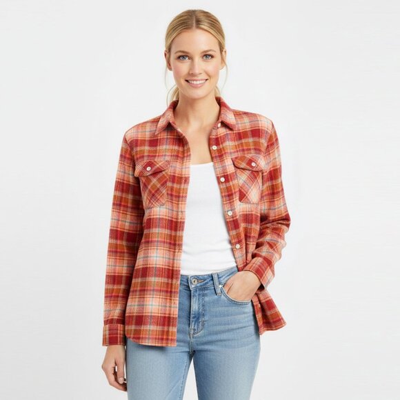 Old Navy Flannel Plaid Shirt "The Boyfriend Shirt" Button Down Top Orange Red - Picture 1 of 11
